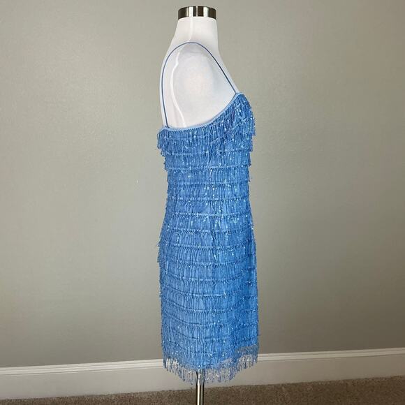 Aidan Mattox Sequined Fringe Mini Sheath Cocktail Dress Blue Size 6 Sleeveless - Picture 3 of 14